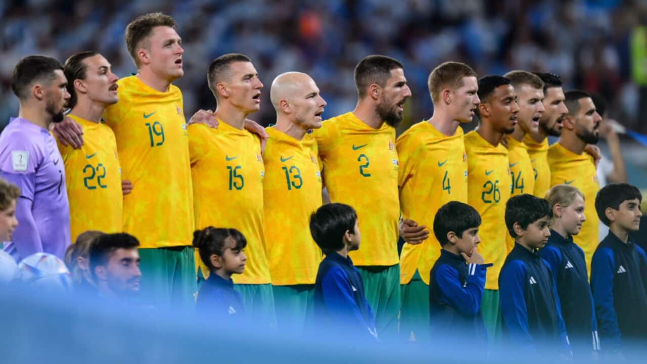 The Socceroos line up before a FIFA World Cup match