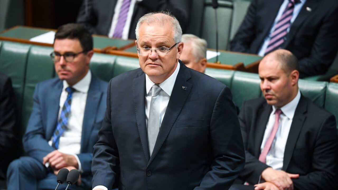 Australian Prime Minister Scott Morrison speaks during the Australian Bushfires condolences motion in the House of Representatives at Parliament House in Canberra, Tuesday, February 4, 2020. (AAP Image/Lukas Coch) NO ARCHIVING