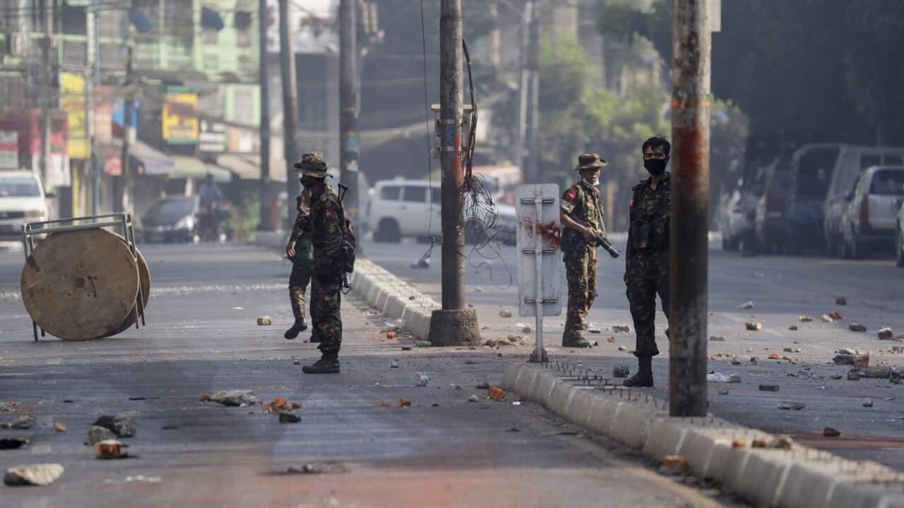 Troops on the streets of Yangon, Myanmar, after the coup