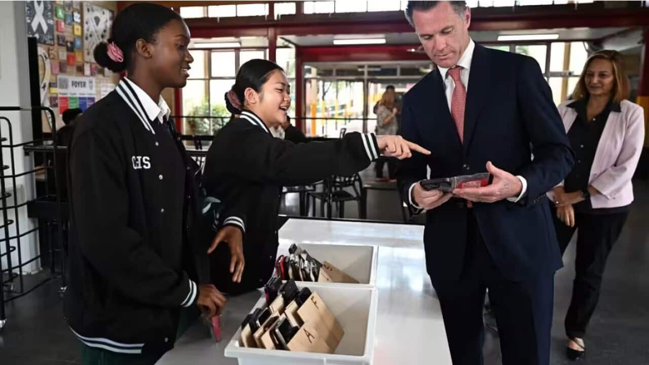 NSW Premier Chris Minns confirmed the mobile phone ban will be implemented later this year during a visit to Condell Park High School on 3 April 2023