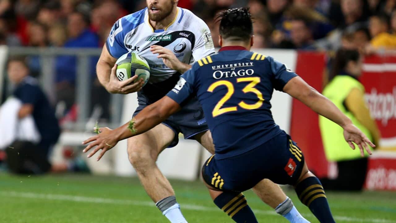 Luke Morahan of the Force, left, Jason Emery of the Highlanders,