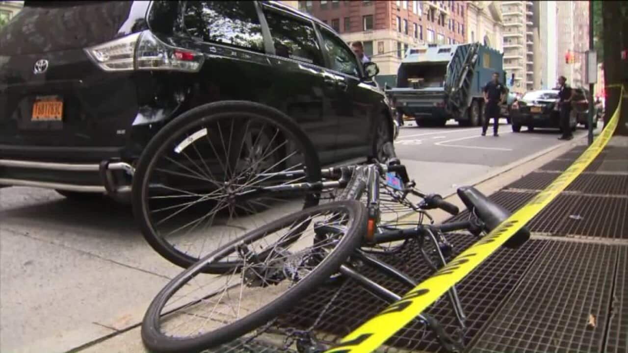 A bike is seen on the sidewalk in New York City