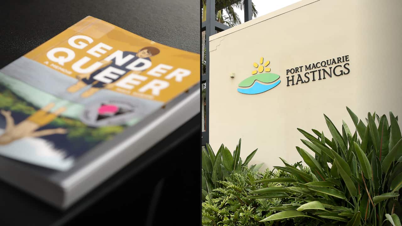 A split image. On the left is a book on a desk with. On the right is a building with a sign that reads "Port Macquarie Hastings".
