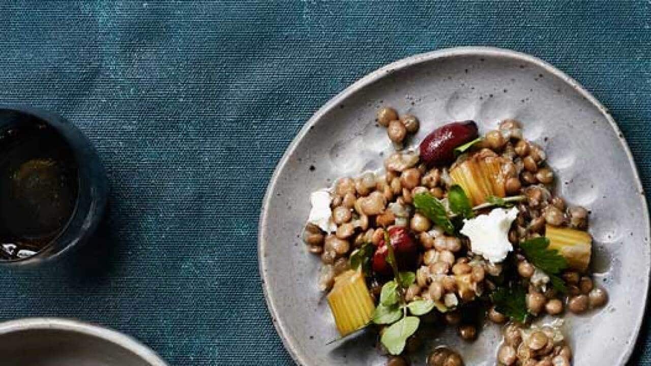Rhubarb and lentil salad with goats curd, black olive and honey