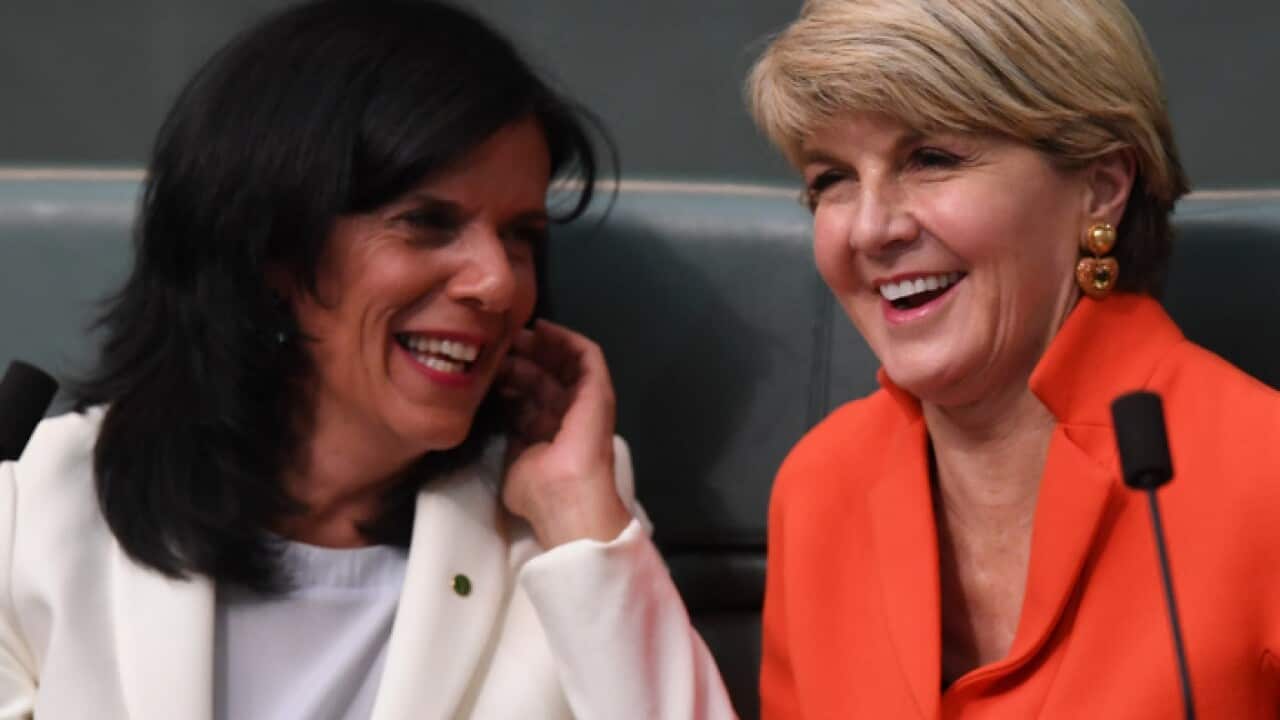 Former Australian Foreign Minister Julie Bishop (right) speaks to Liberal backbencher Julia Banks during House of Representatives Question Time at Parliament House in Canberra, Monday, September 10, 2018. (AAP Image/Lukas Coch) NO ARCHIVING