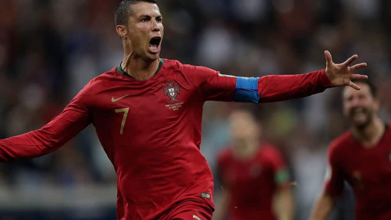 Cristiano Ronaldo celebrates a goal during Portugal's match against Spain at Sochi Stadium during the 2018 FIFA World Cup, 16 Jun.