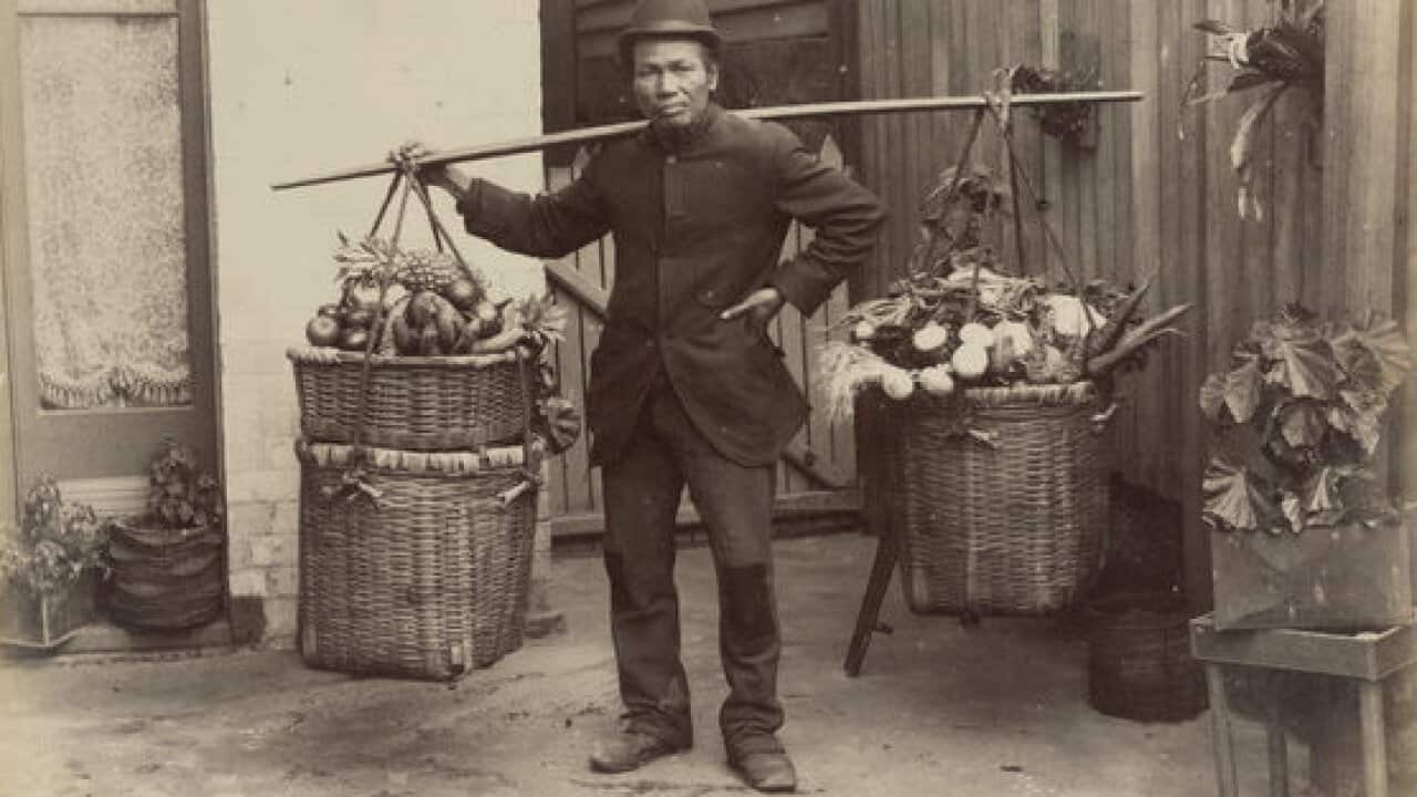 Portrait of unidentified Chinese fruit and vegetable hawker with baskets of produce c. 1895 - National Library of Australia.jpg