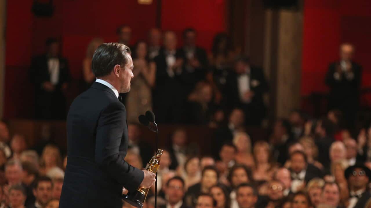 Leonardo DiCaprio, accepting the award for best actor