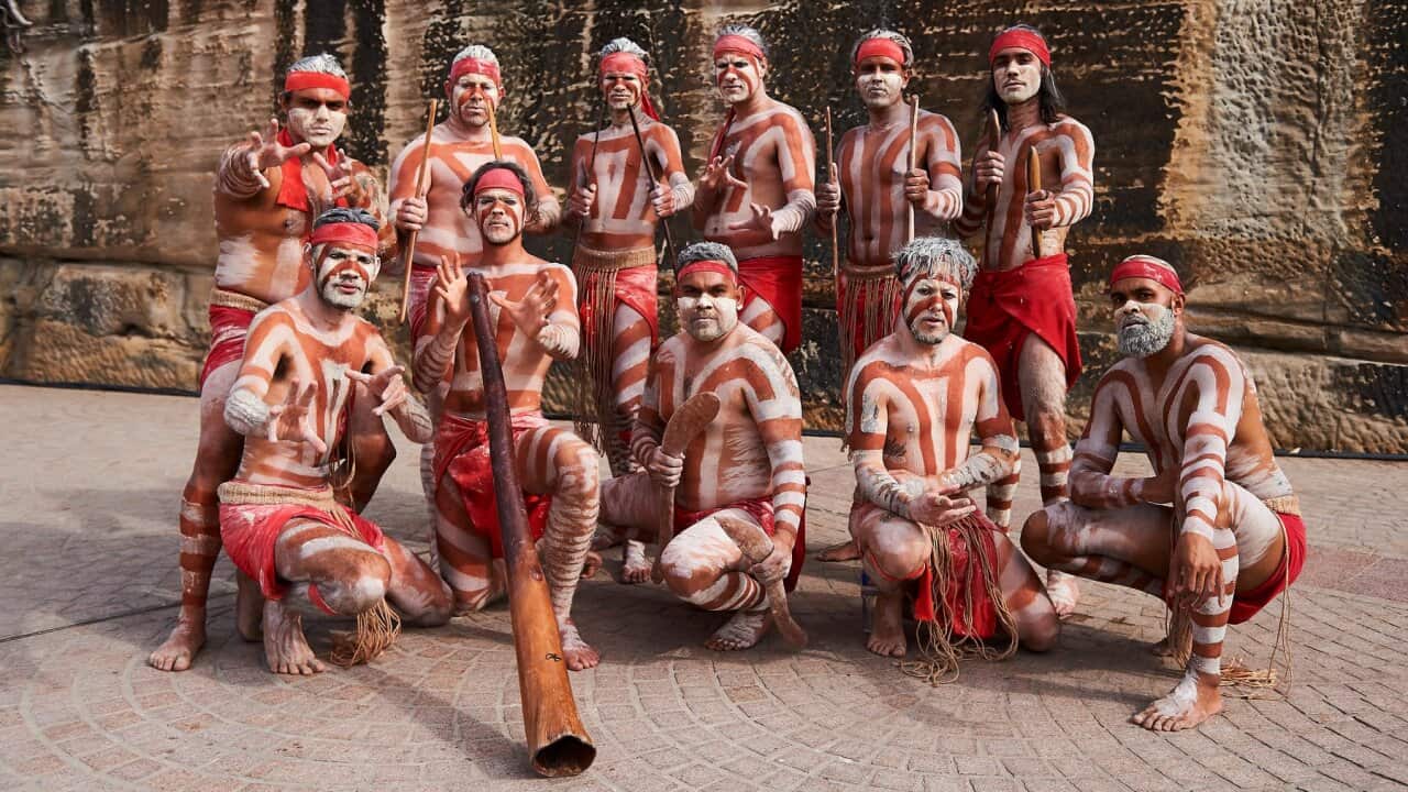 Dancers from Muggera pose at Sydney Opera House on November 24, 2019 in Sydney, Australia.