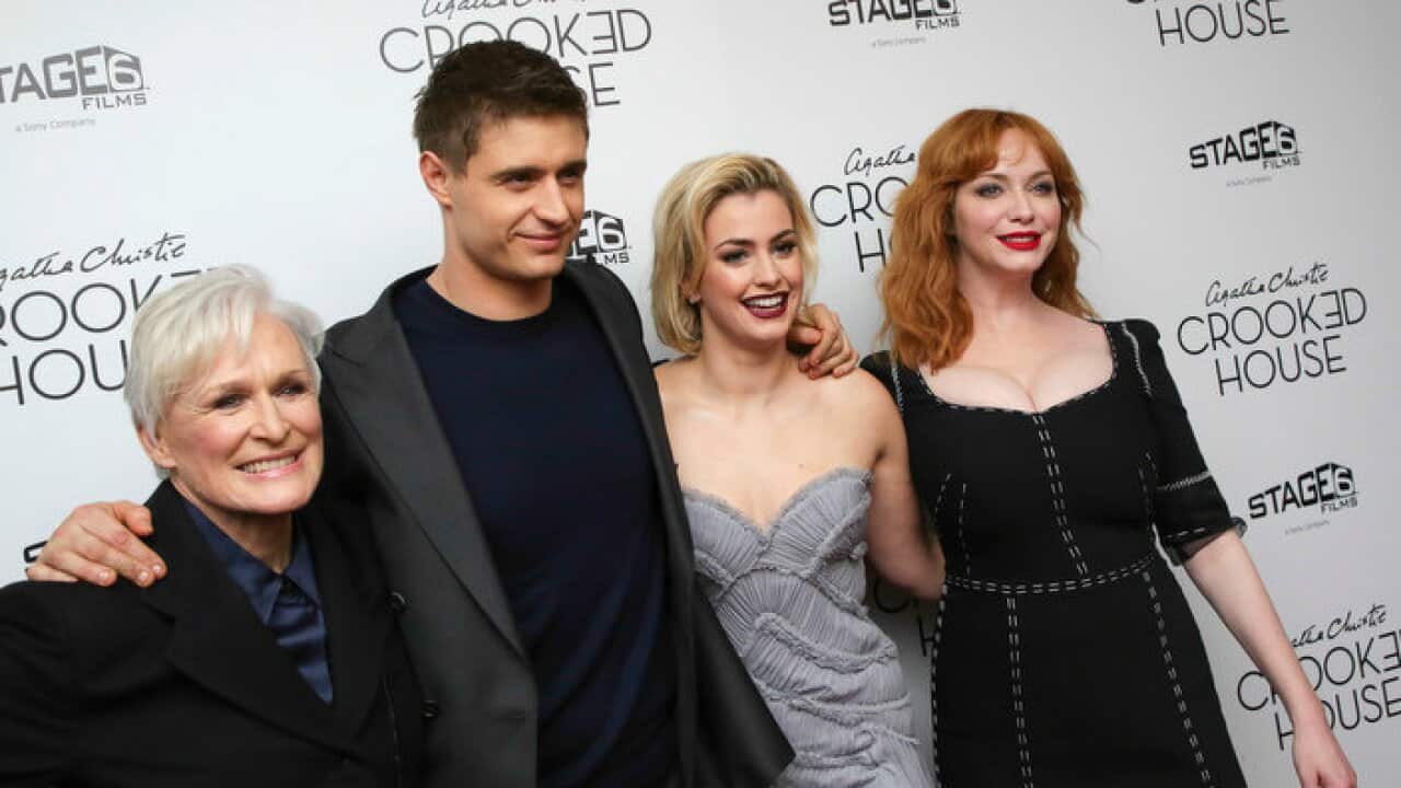 Actors Glenn Close, from left, Max Irons, Stefanie Martini and Christina Hendricks attend the premiere of "Crooked House" at Metrograph