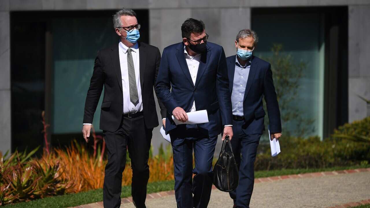 Victorian Health Minister Martin Foley, Victorian Premier Daniel Andrews and Victorian Chief Health Officer Brett Sutton