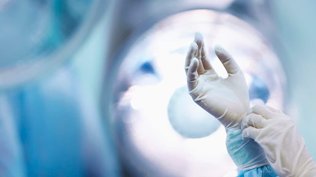 Surgeon adjusting glove in operating room