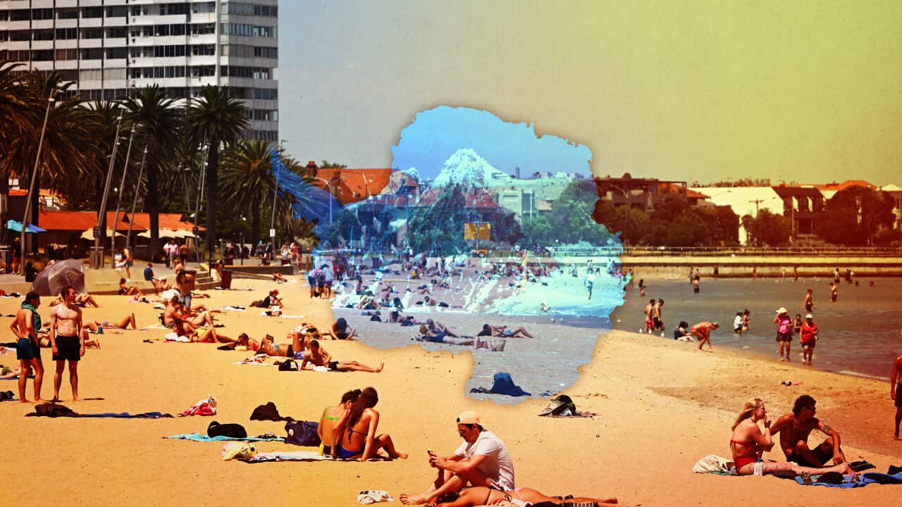 A composite image of a map of Antarctica floating on an image of a scorching hot beach scene
