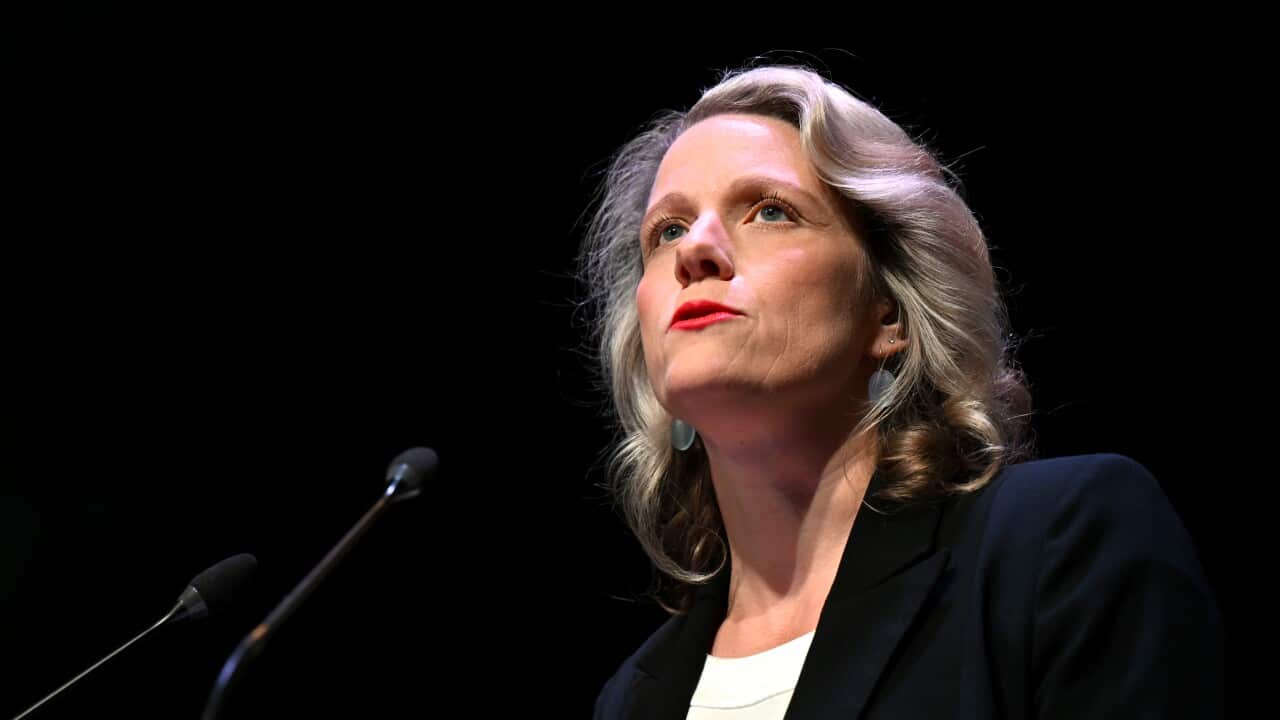 A woman wearing a black suit top speaking from behind a microphone.
