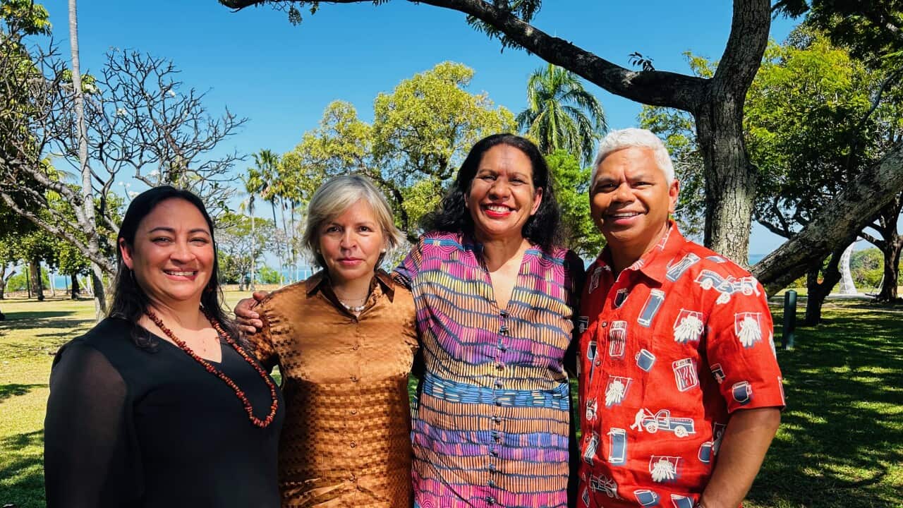 The Point Road Trip. Episode 9. (L-R) Katie Kiss, Dr. Hannah McGlade, Leanne Liddle and John Paul Janke in Darwin..jpeg