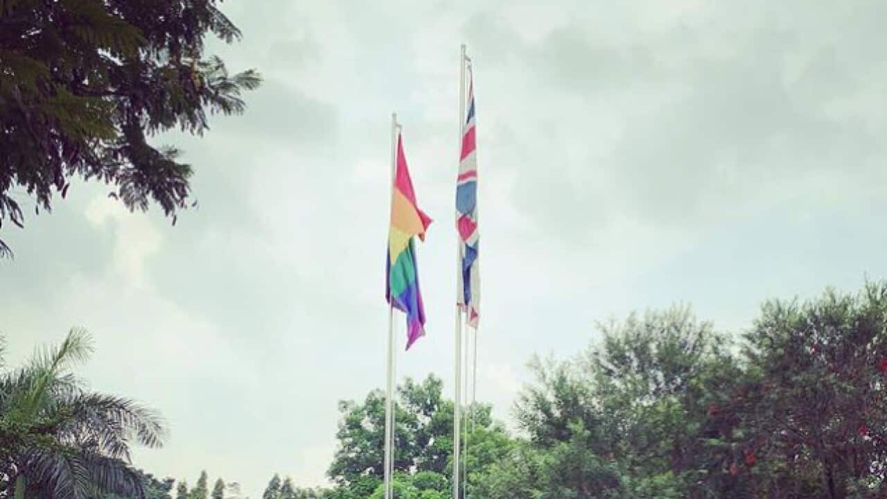 The pride flag is flown at the British Embassy in Jakarta, Indonesia.