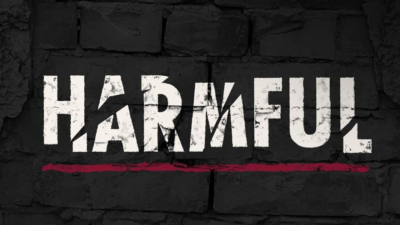 the word harmful sliced up against black background