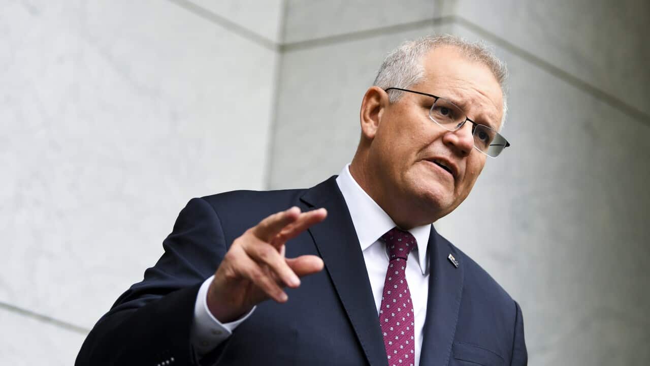 Australian Prime Minister Scott Morrison speaks to the media during a press conference at Parliament House in Canberra, Wednesday, March 17, 2021. (AAP Image/Lukas Coch) NO ARCHIVING
