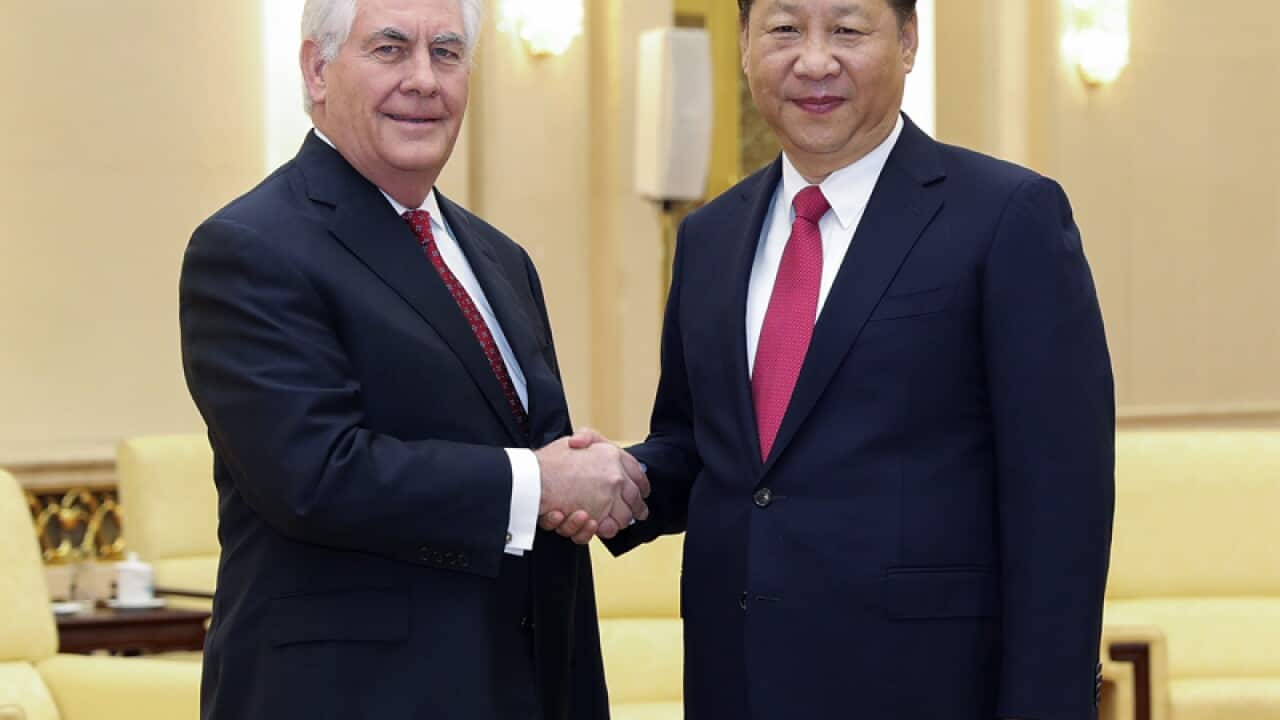 US Secretary of State Rex Tillerson (L) and China's Xi Jinping