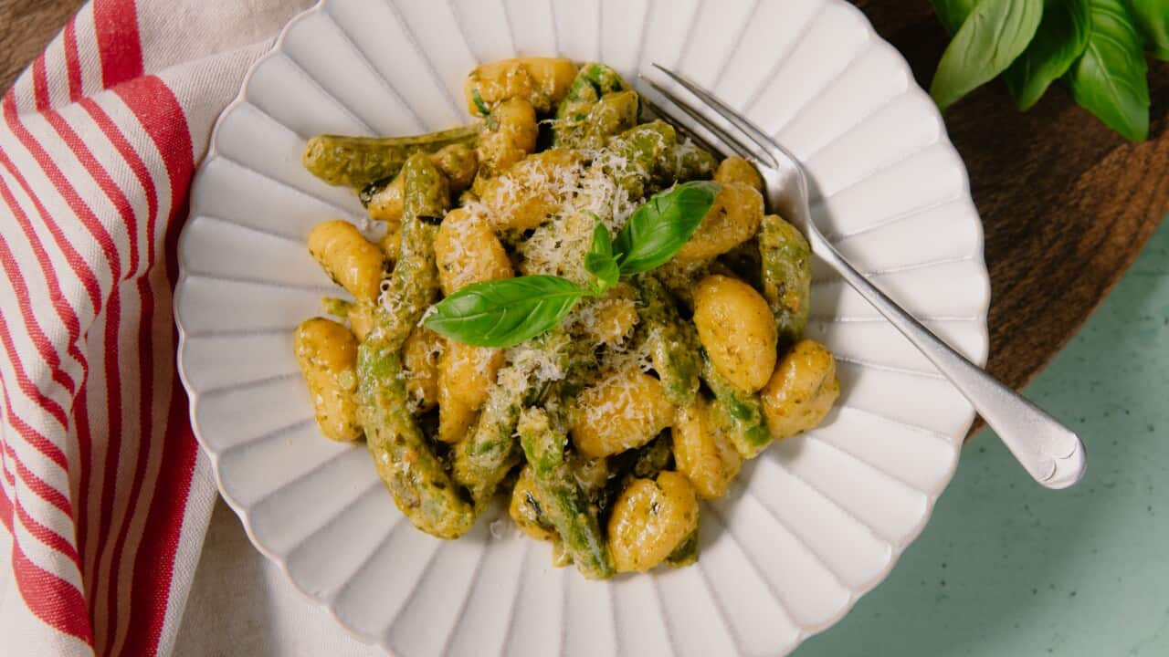 Spring greens gnocchi with creamy pesto