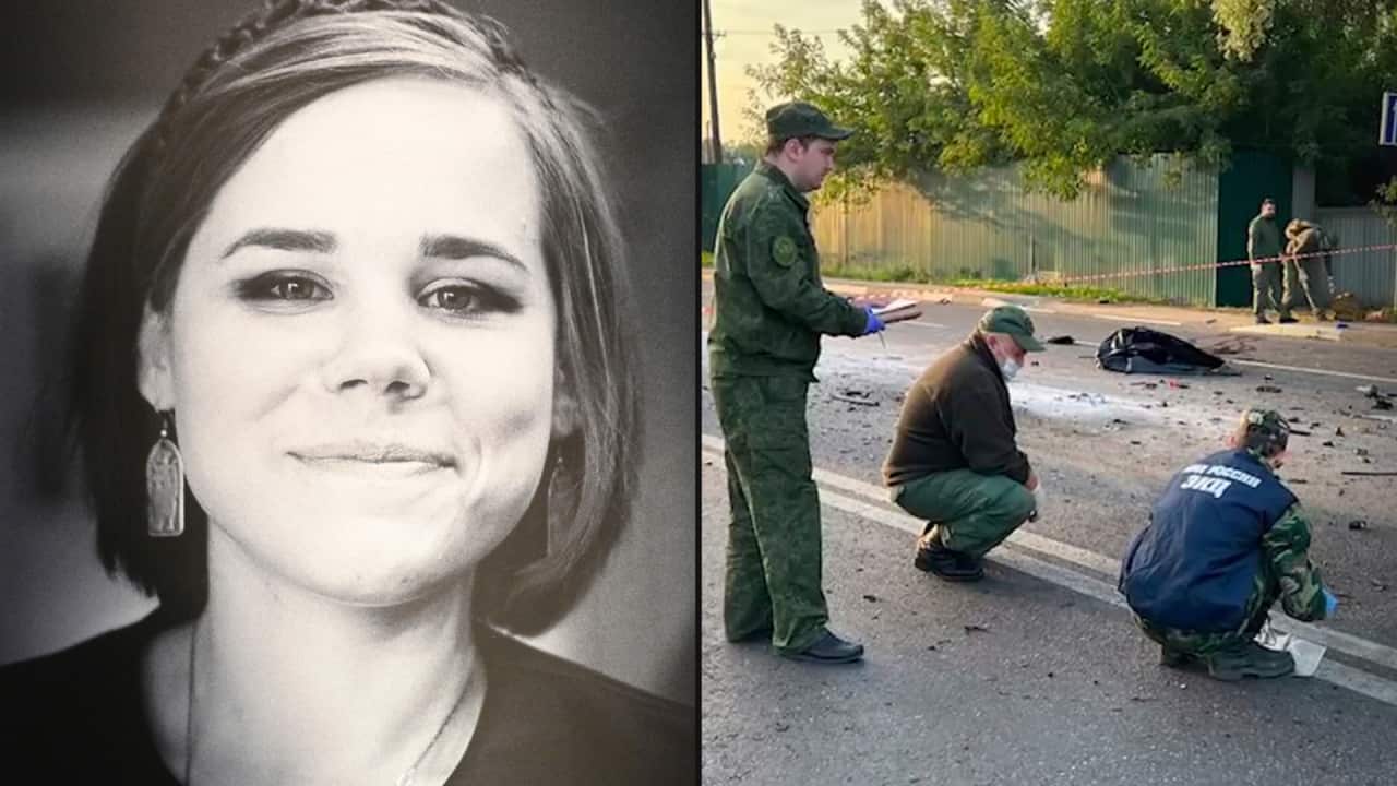 A split image shows a photo of the late Daria Dugina and the crime scene where the car bombing occured.