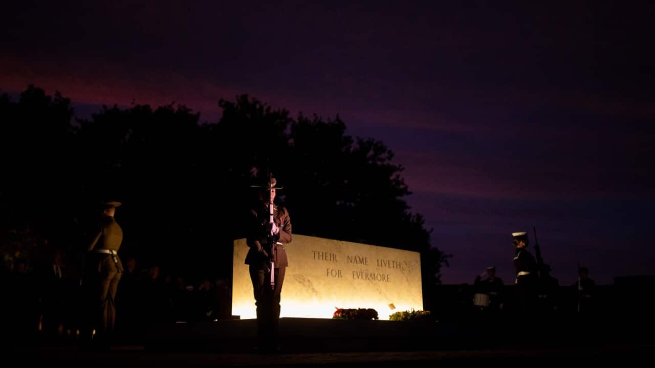 Australia's Federation Guard Catafalque party on guard at the Stone of Remembrance during the Anzac Day Dawn Service at the Australian War Memorial in Canberra