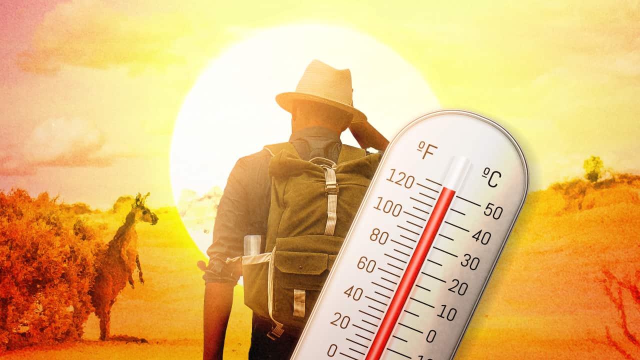 A thermometer reaches its peak in front of a sweltering outback scene with a kangaroo and a man with an Akubra