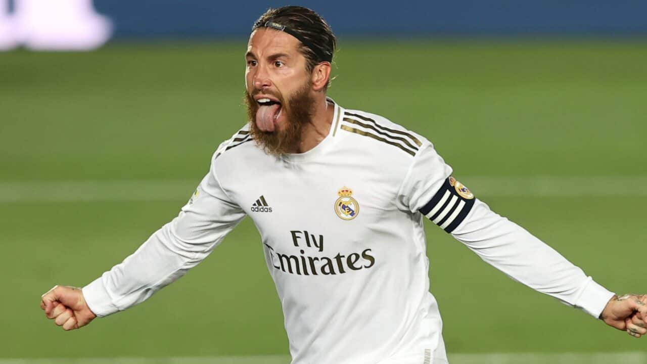 Sergio Ramos celebrates one of his 99 goals for Real Madrid
