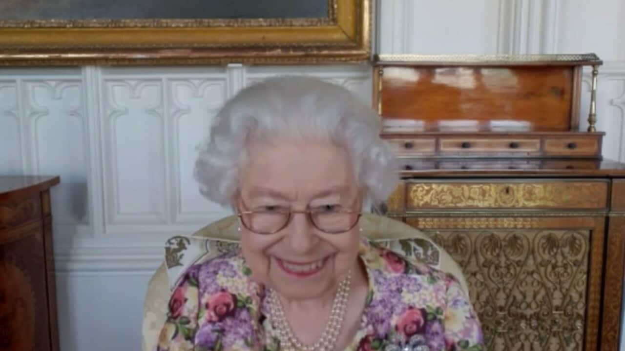 Queen Elizabeth II on a video call with recipients of the Australian of the Year Awards, including Dylan Alcott (Buckingham Palace - AAP).jpg
