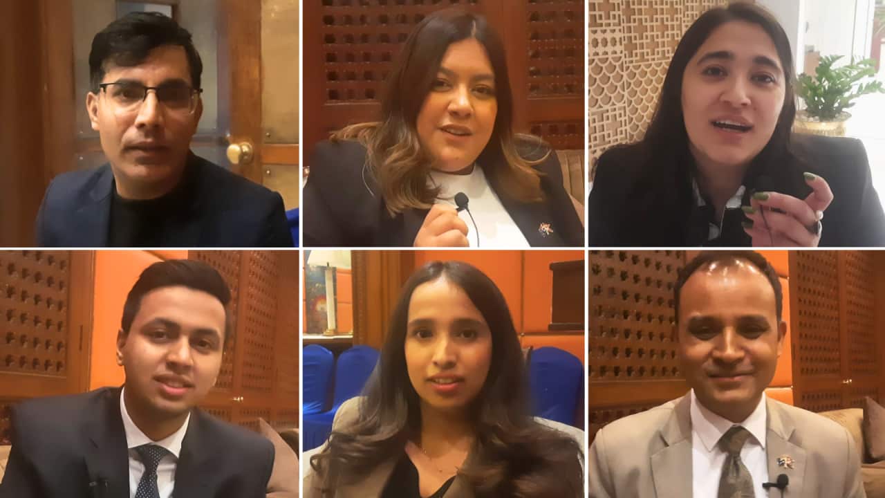 (Top, L-R) Lekhnath Pandey, Anshmi Sharma, Sneha Ghimire, (bottom, L-R) Bidhan Sharma, Arushree Sharma Khatiwada and Khem Lakai spoke to SBS Nepali during an event marking the 65th anniversary of Australia-Nepal diplomatic relations in Kathmandu, Nepal.