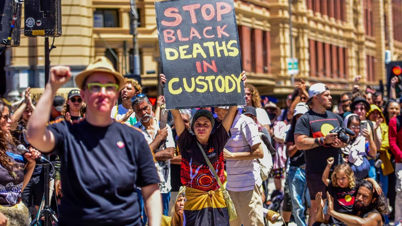 A protester holds a placard reading "Stop black deaths in custody' at a rally in Sydney
