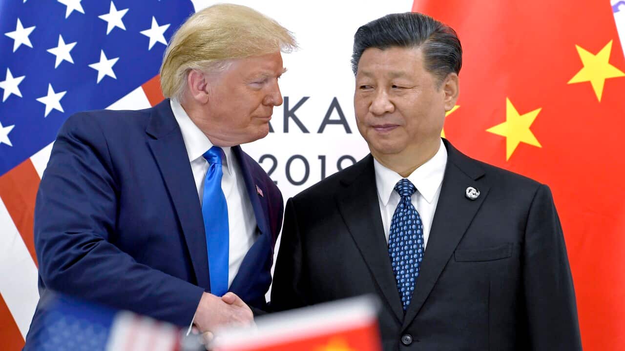 Donald Trump and Xi Jinping shake hands as they stand in front of the US and Chinese flags.