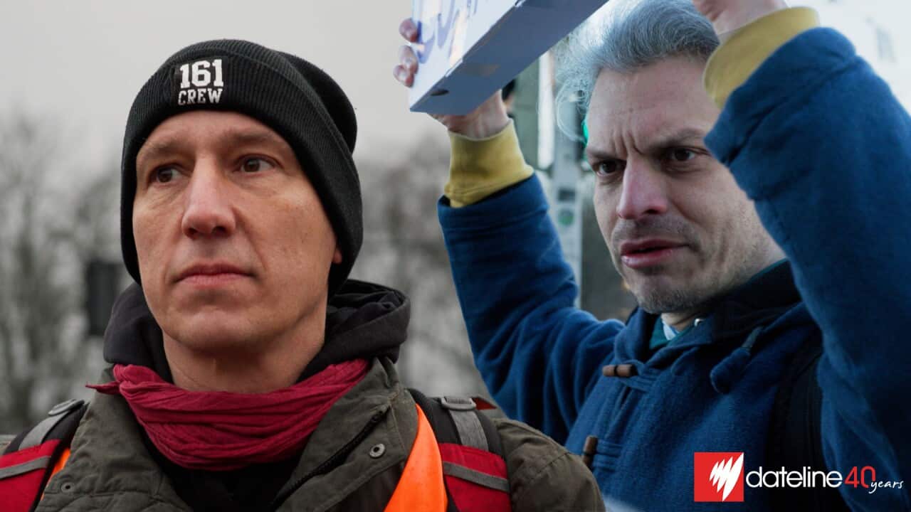 A collage of two images of two men. On the left, the man is wearing a black beanie hat, a dark green winter jacket, a red scarf, an orange safety vest and a backpack. The grey-haired man on the right is in a blue jacket holding up a poster