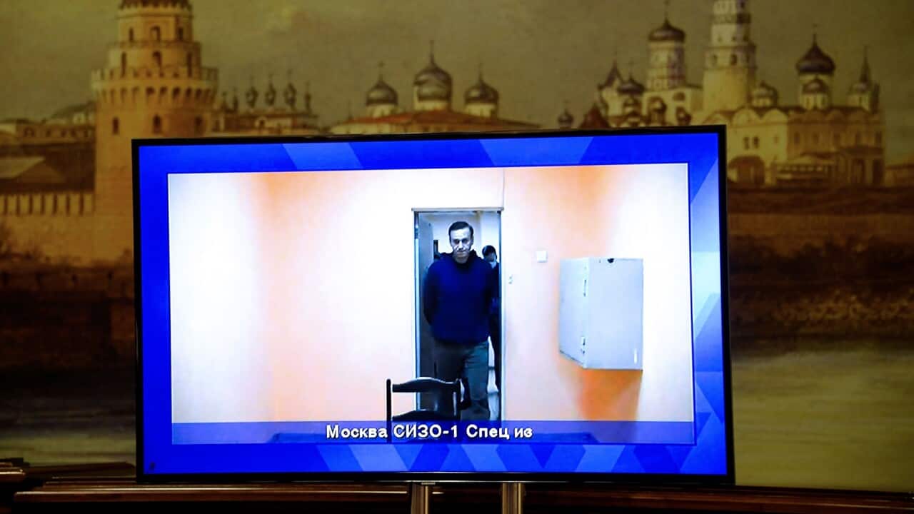 Alexei Navalny appears on a videolink screen at a hall of the Moscow Regional Court