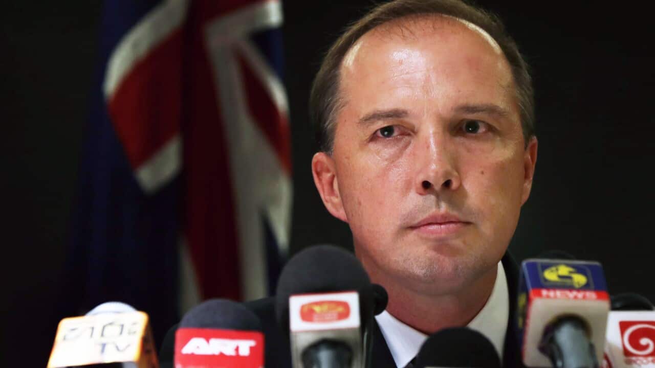 Minister for Immigration and Border Protection, Peter Dutton speaks to the media at the Cinnamon Grand Hotel in Colombo, Sri Lanka, 6 May 2015. (EPA/M.A.PUSHPA KUMARA)