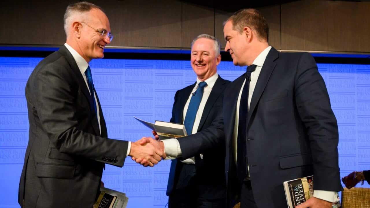 News Corp Executive Chairman Michael Miller, Nine Chief Executive Officer Hugh Marks and Managing Director ABC David Anderson at the National Press Club