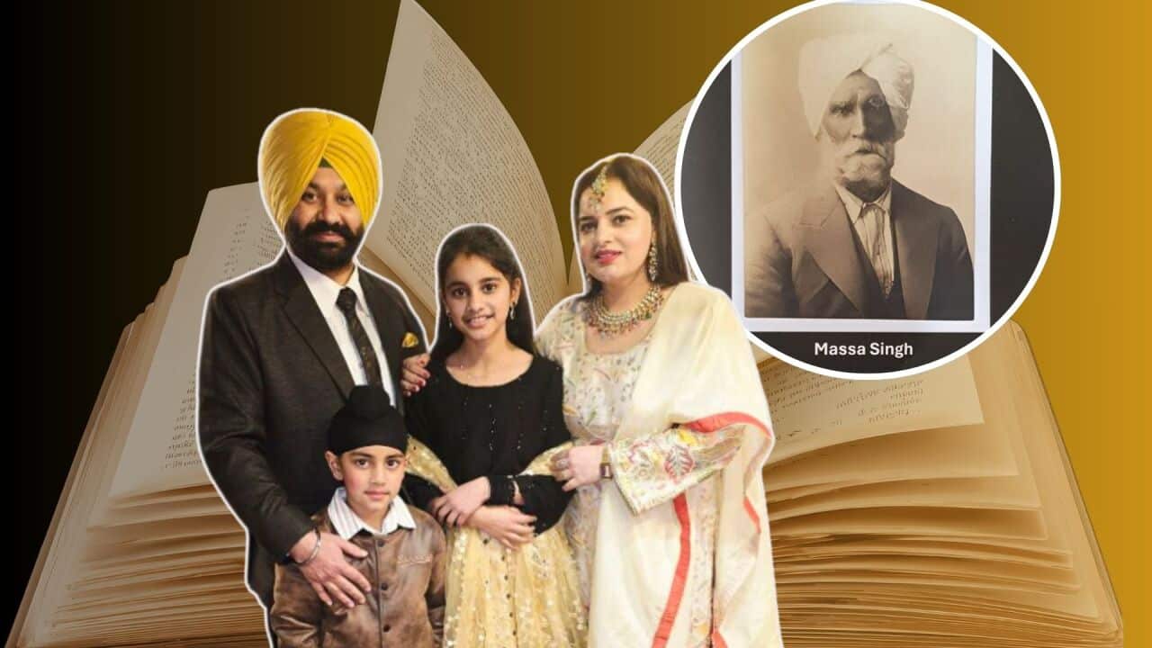A family portrait of four people in traditional and formal attire is layered over a large open book, with a circular inset photo of an older man labeled "Massa Singh" in the upper right.