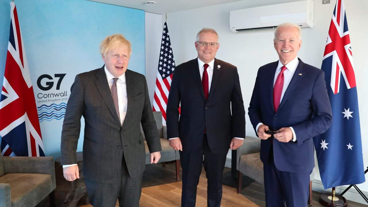 Scott Morrison had a tri-lateral meeting with Joe Biden and Boris Johnson during the G7 summit in Cornwall, the United Kingdom, on Saturday.