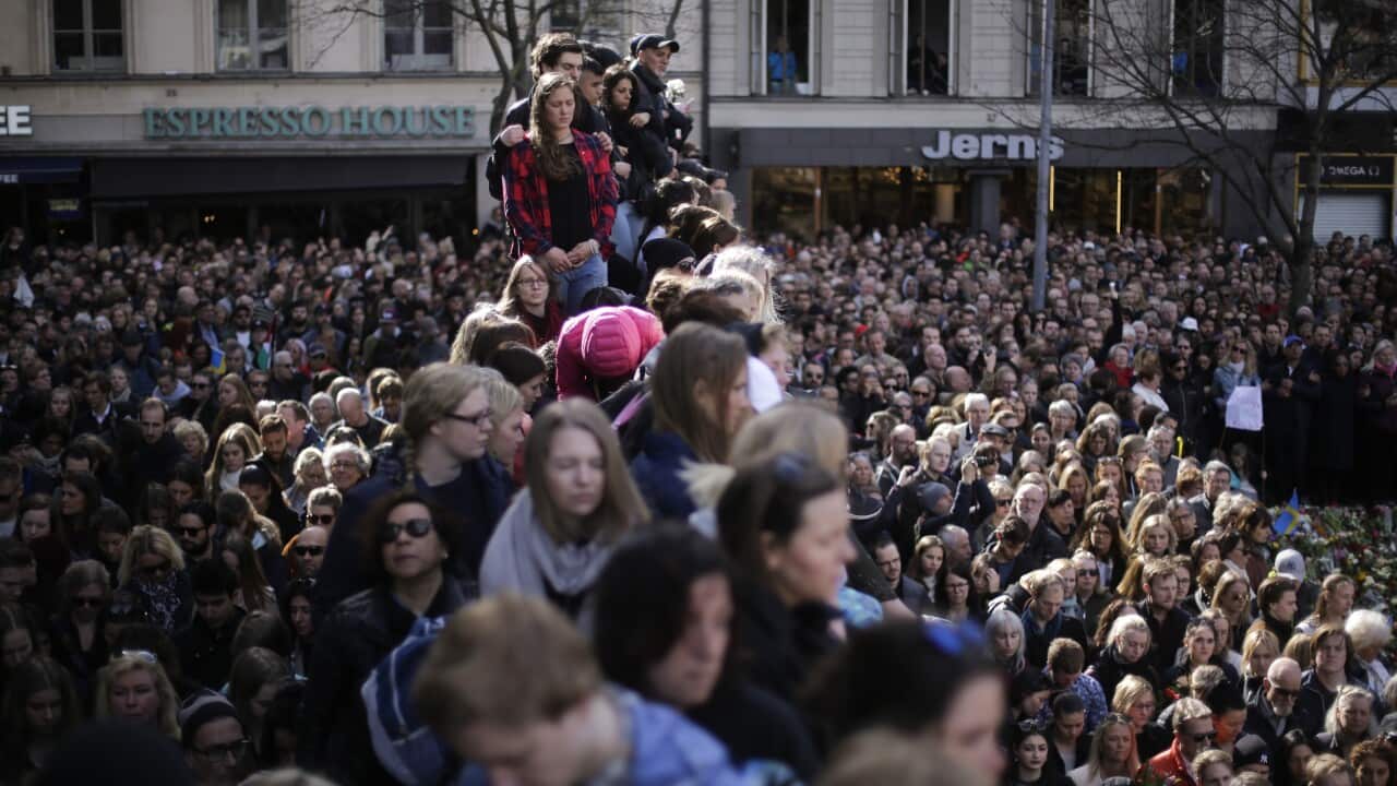 Thousands of people attends a "Lovefest" vigil against terrorism in in Sergels Torg, central Stockholm, Sweden, Sunday, April 9, 2017.
