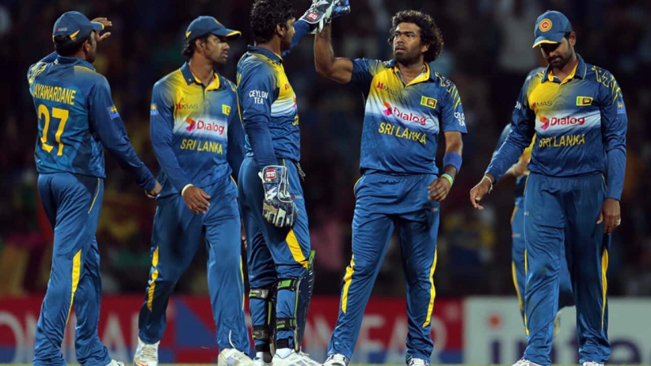 Sri Lanka's captain Mahela Jayawardene reacts