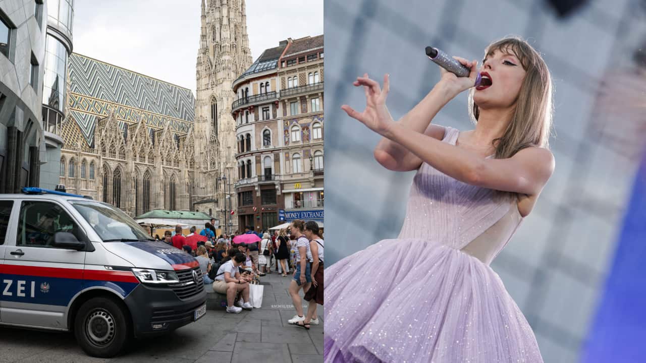 A composite image of a police van and crowd and a woman singing