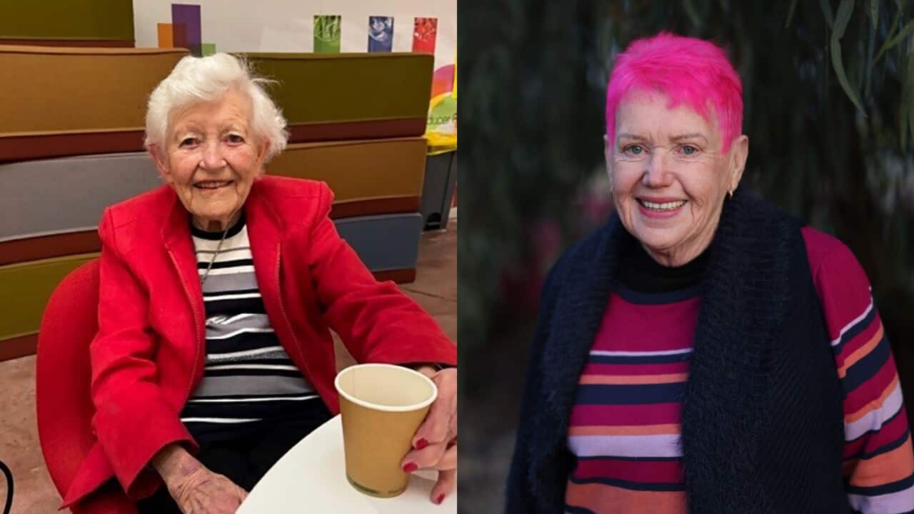 Two separate pictures of older women.