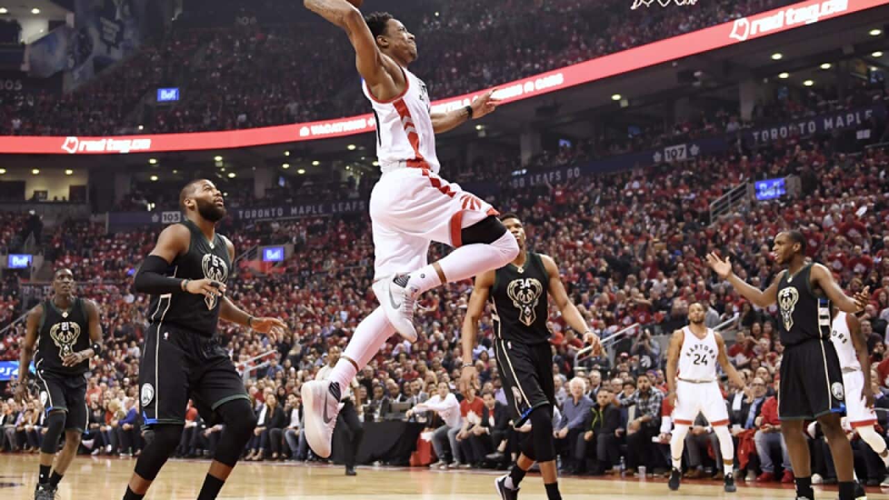 Toronto Raptors guard DeMar DeRozan (10) dunks the ball