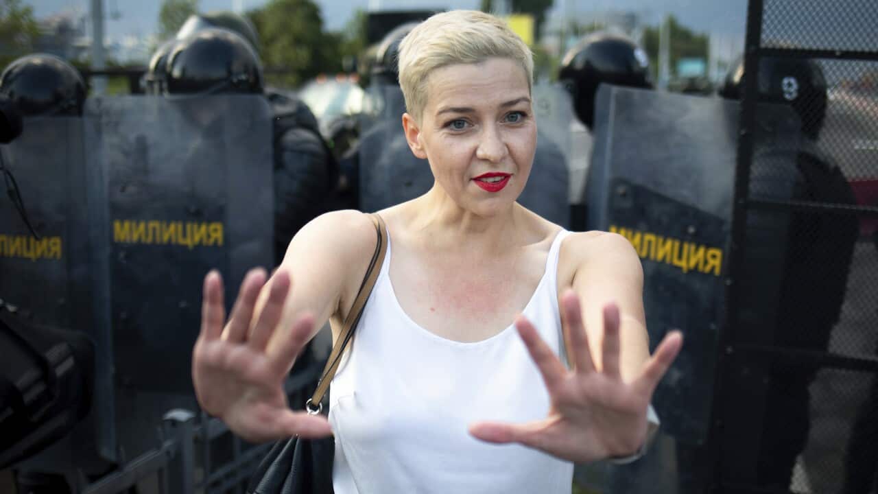Maria Kolesnikova, one of Belarus' opposition leaders, during a rally in Minsk, Belarus.