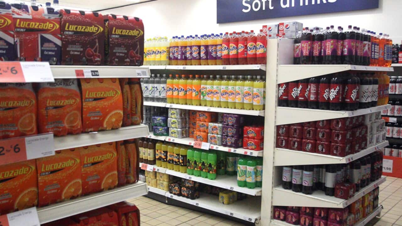 Soft drinks on supermarket shelving in London