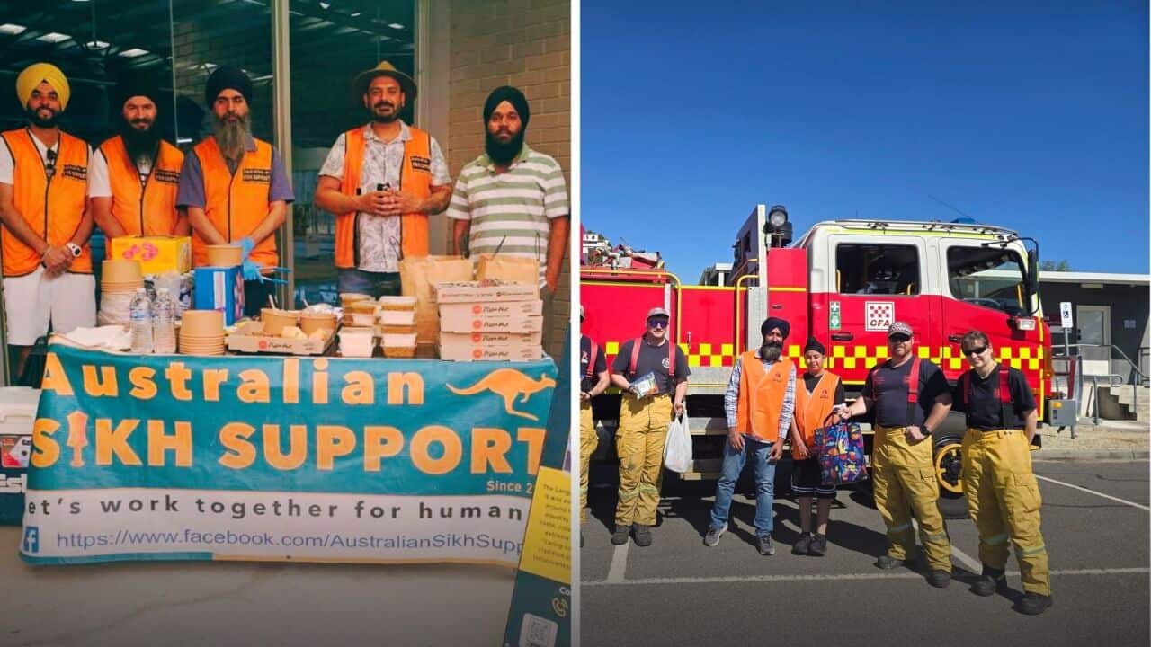 Two side-by-side images showing volunteers from Australian Sikh Support providing food and assistance to Country Fire Authority (CFA) firefighters.