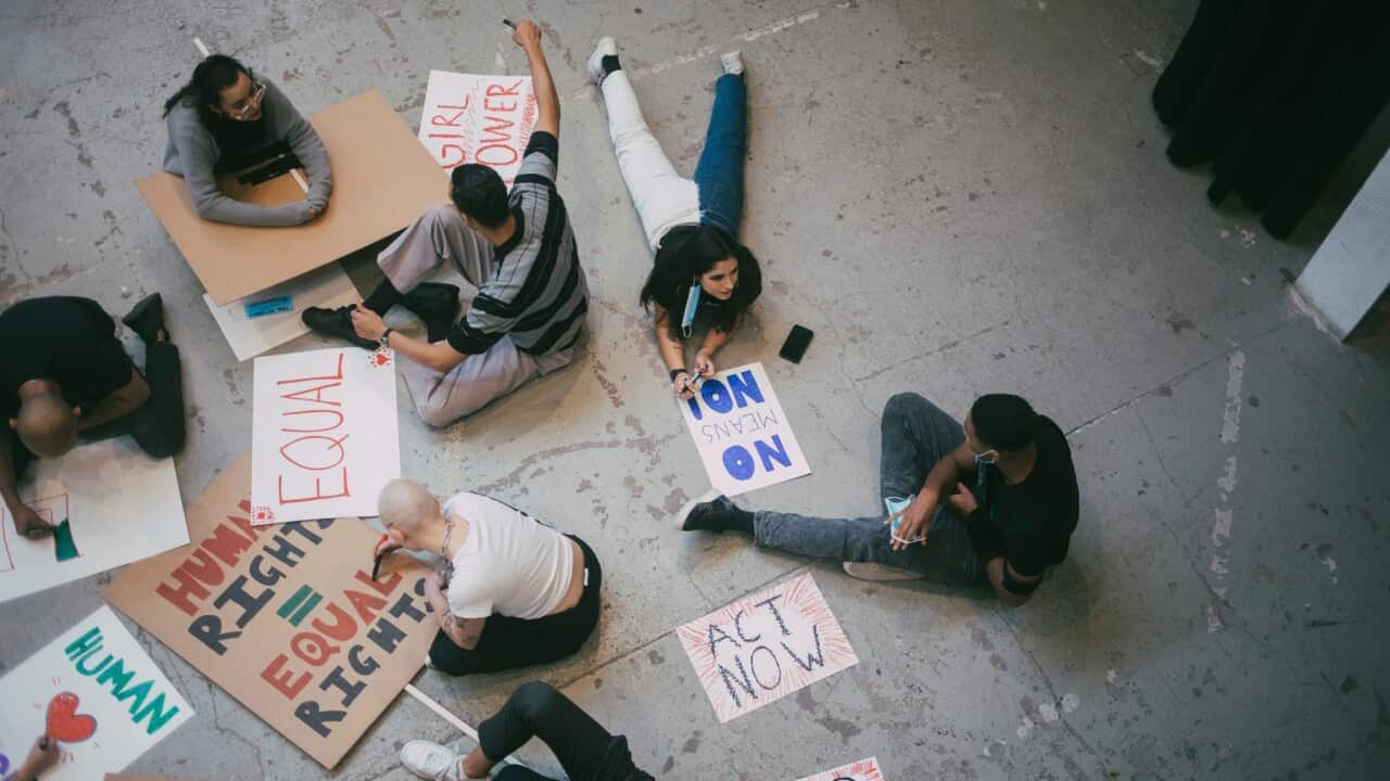 Protestors preparing signboards