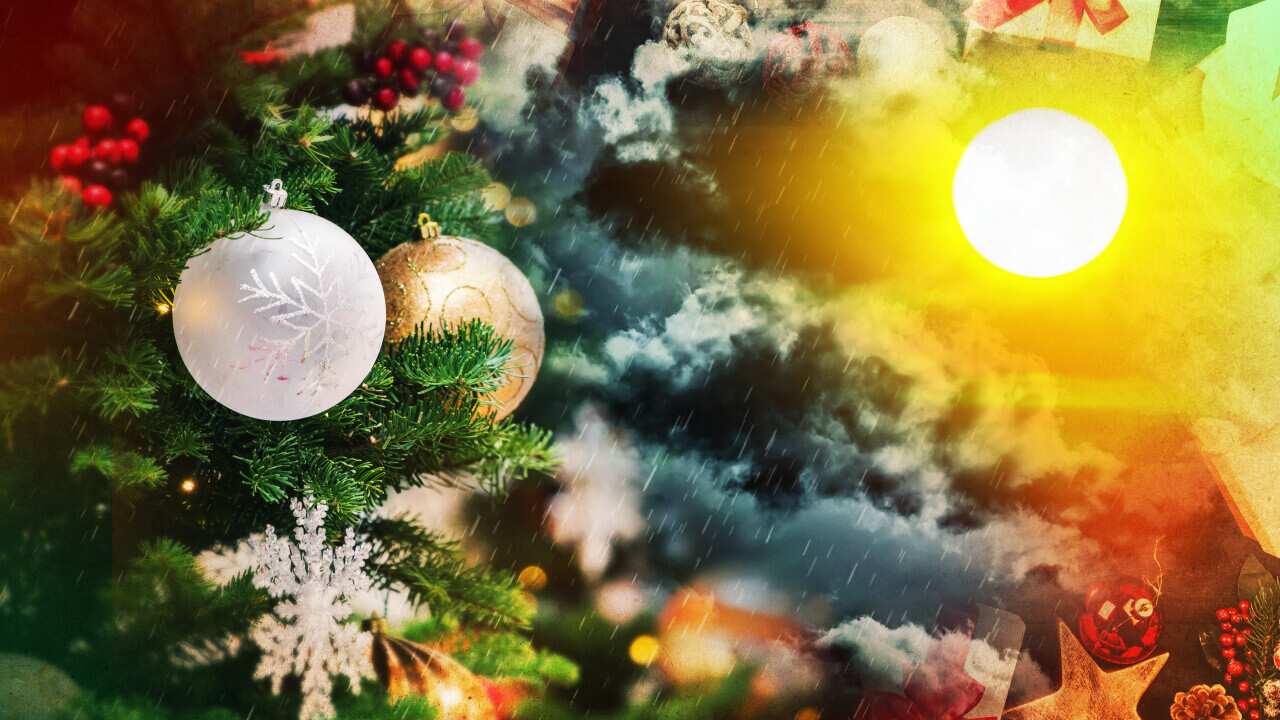A composite image showing decorations on a Christmas tree, rain, storm clouds, and a bright sun.
