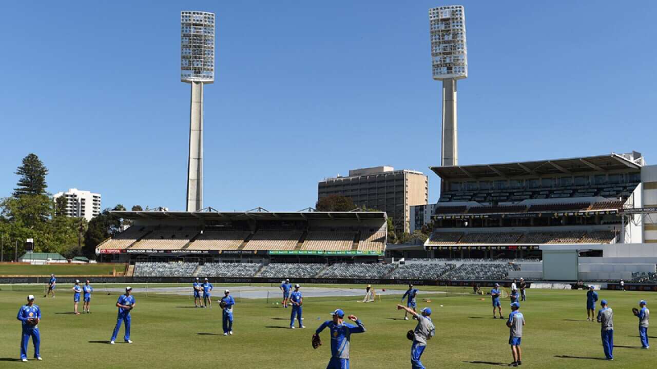 Australian cricketers during a training session at the WACA