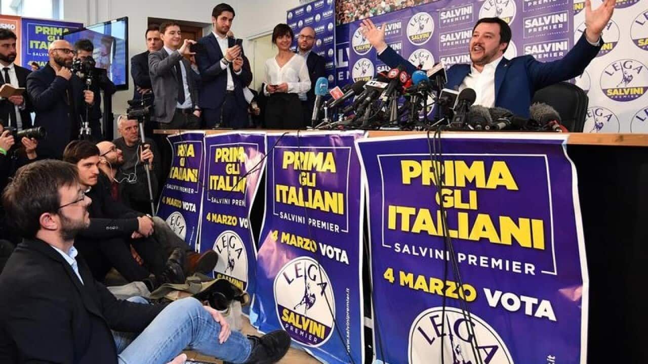 The secretary of Ital's League party Matteo Salvini talks to the press